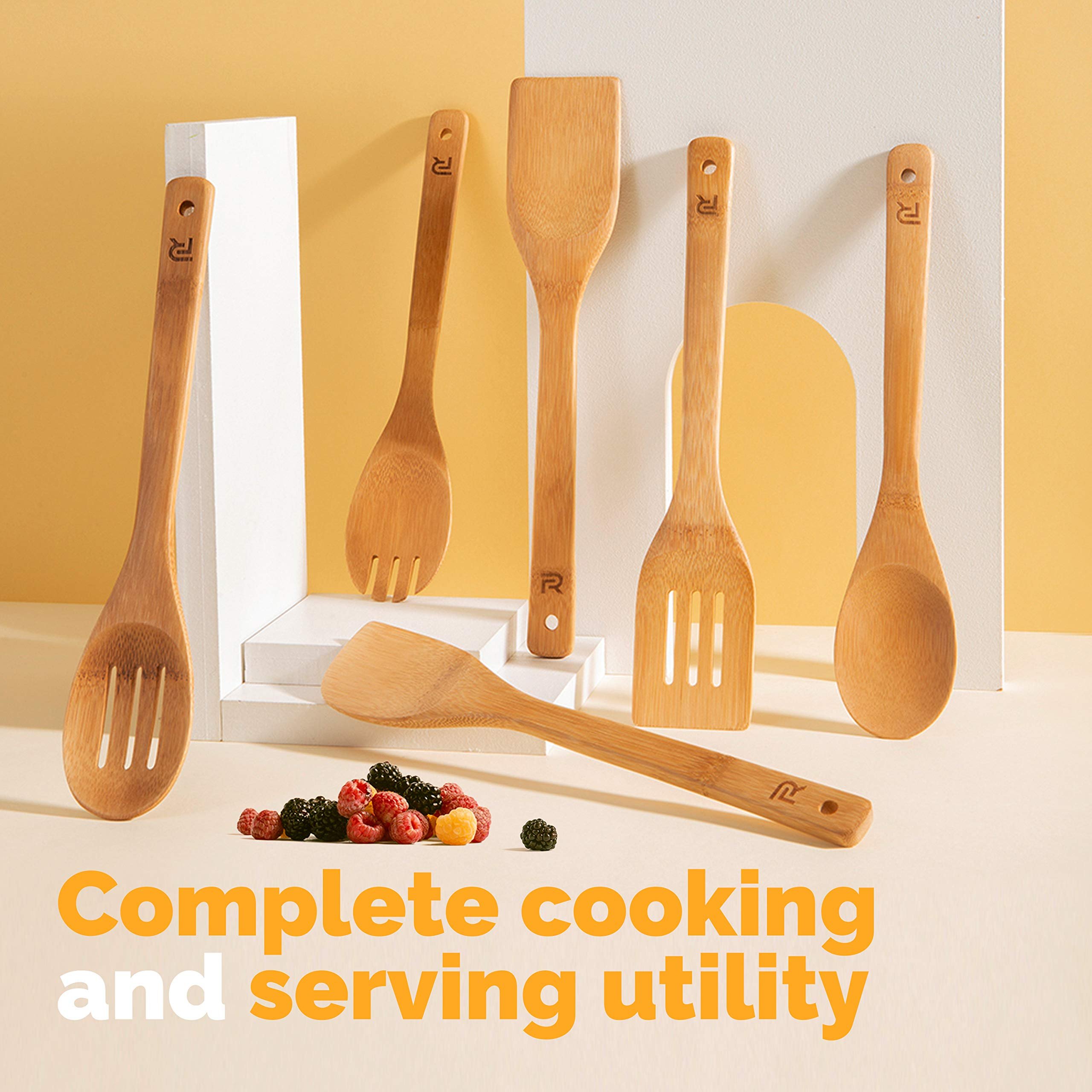 Kitchen Gadgets 6-Piece Bamboo Cooking Utensils Wooden Kitchenware Non Stick Bamboo Wooden Spatula Spoons Set for Cooking