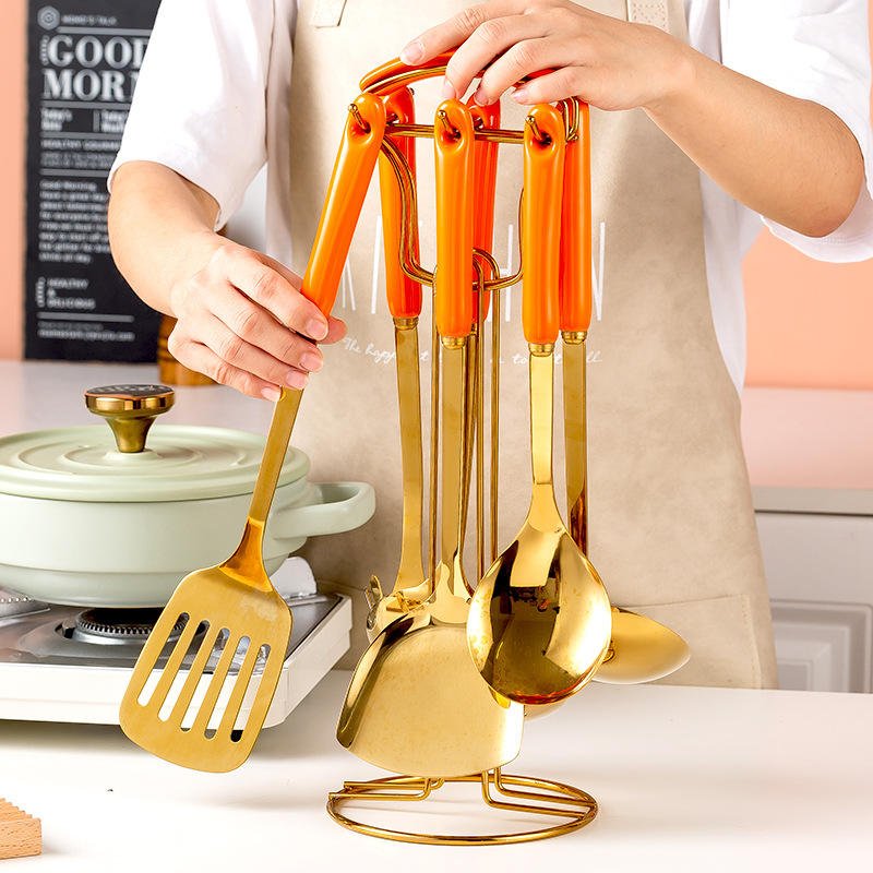 Gold Ceramic Handle Cooker Stainless Steel Kitchen Utensils 7 Sets Gold Stainless Steel Spatula Kitchenware Set