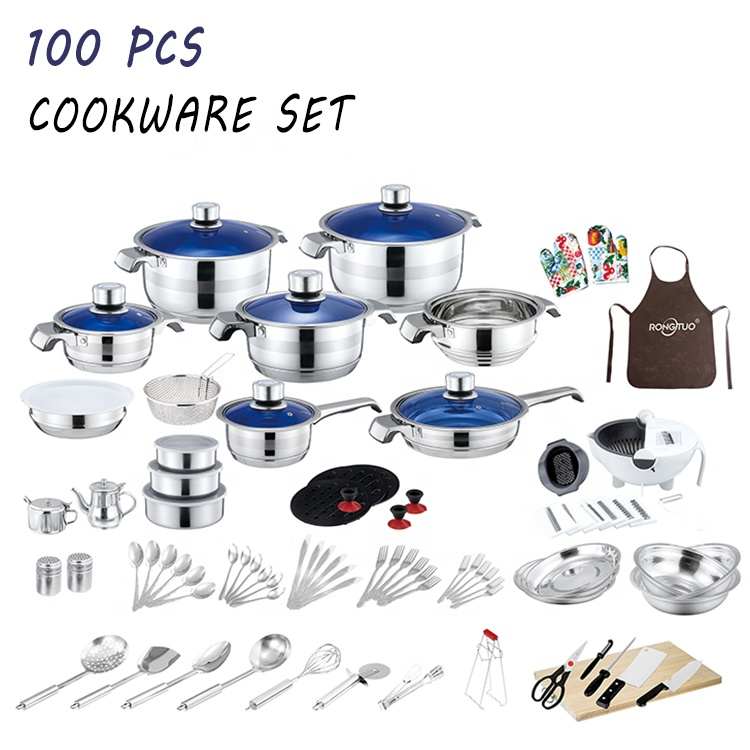 Eco-Friengly High Quality 100Pcs Stainless Steel Induction Gas Bottom Cooking Pot Set Non-stick Cookware Set
