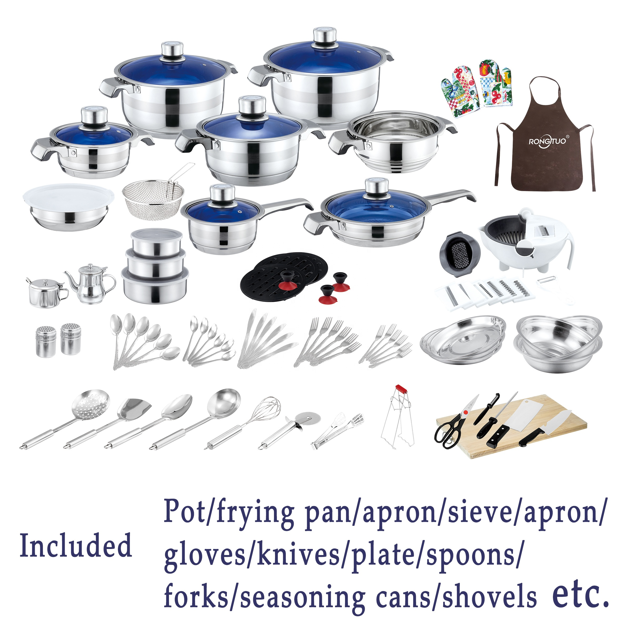 Eco-Friengly High Quality 100Pcs Stainless Steel Induction Gas Bottom Cooking Pot Set Non-stick Cookware Set