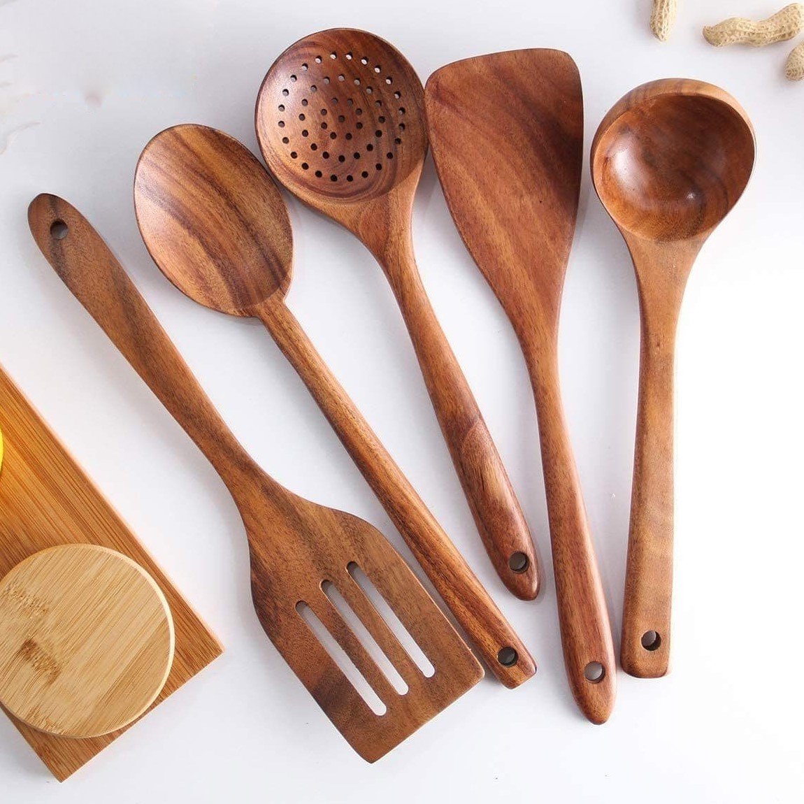 Wooden kitchen utensils natural acacia wood cookware set for non stick pans wholesale customizable logo