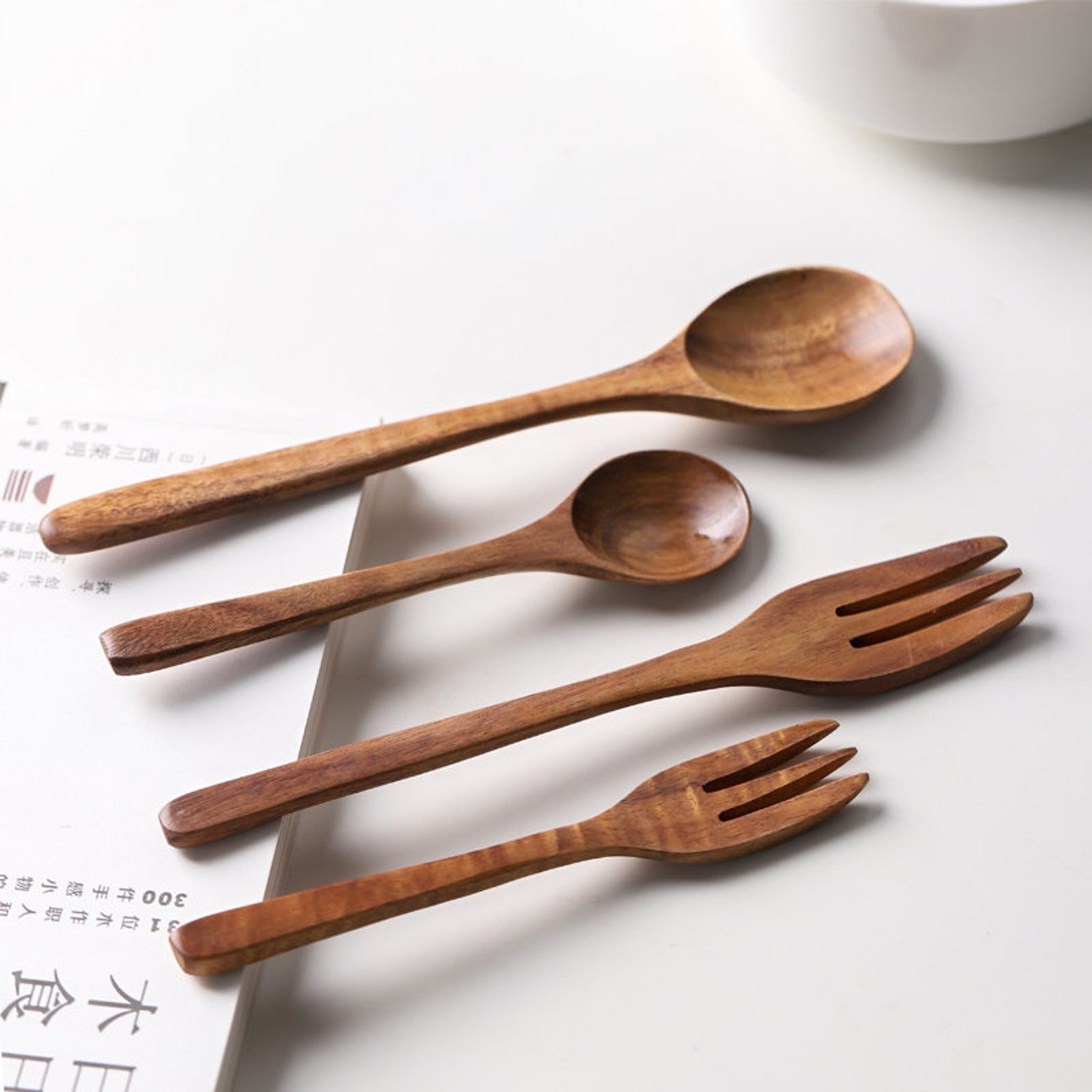 Wooden kitchen utensils natural acacia wood cookware set for non stick pans wholesale customizable logo