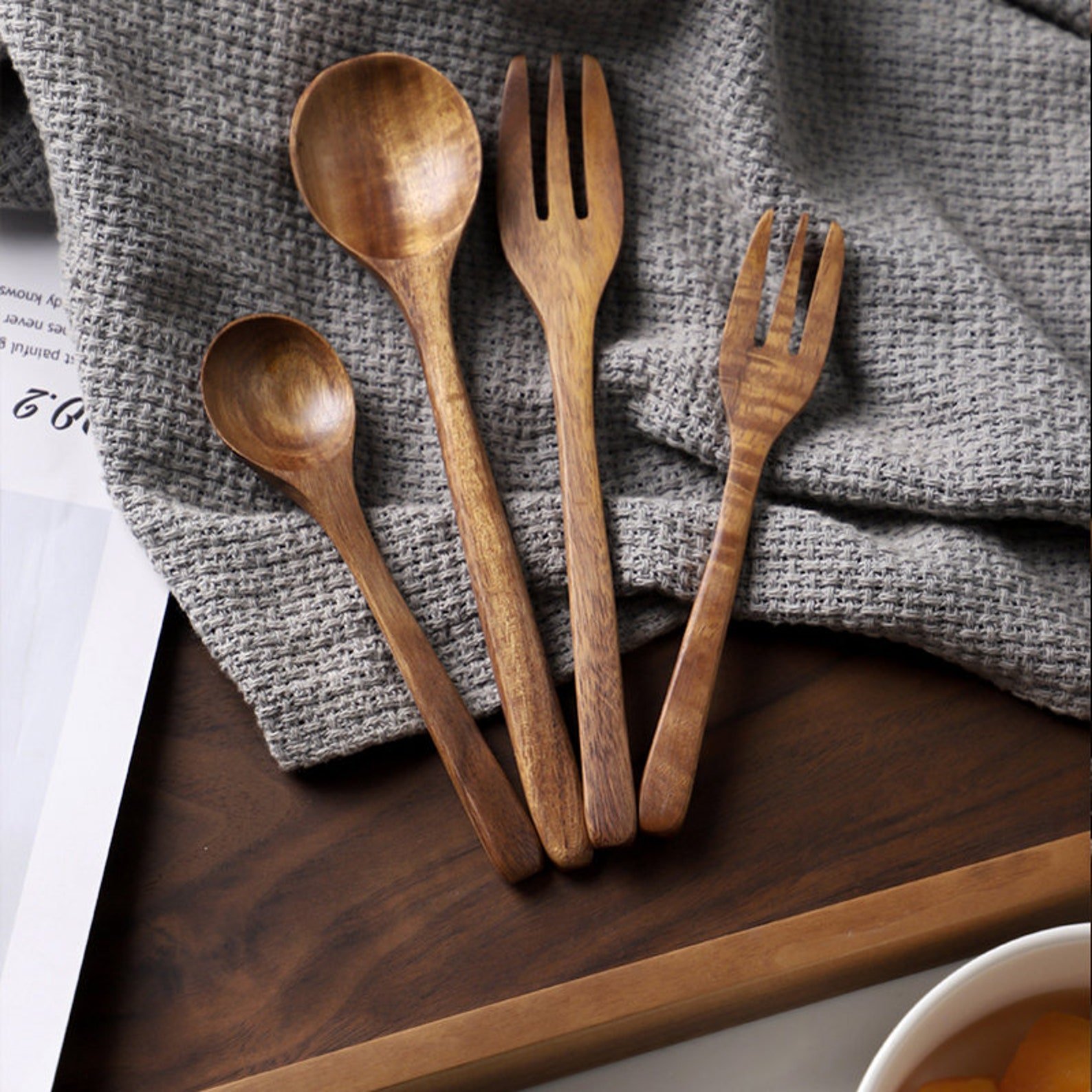 Wooden kitchen utensils natural acacia wood cookware set for non stick pans wholesale customizable logo