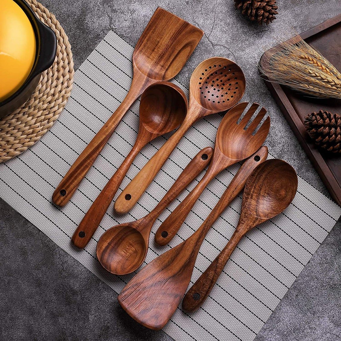 Wooden kitchen utensils natural acacia wood cookware set for non stick pans wholesale customizable logo