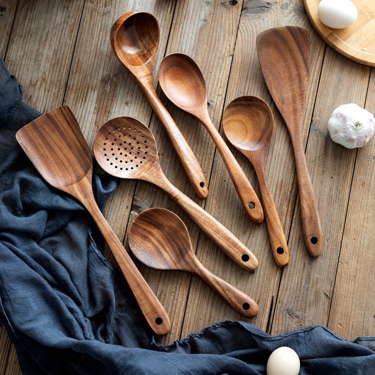 Wooden kitchen utensils natural acacia wood cookware set for non stick pans wholesale customizable logo
