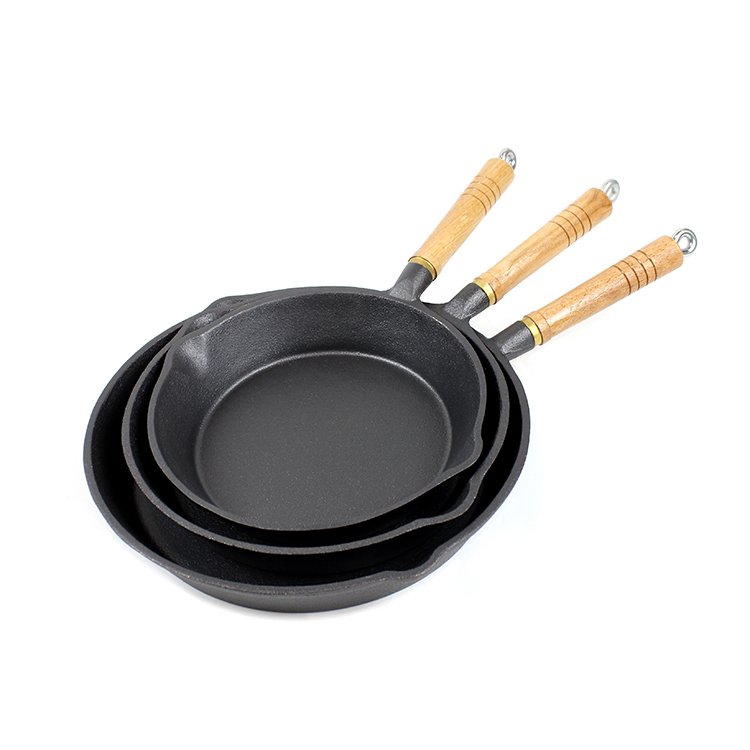 Pre-seasoned Single fry pan 3pcs set cheap custom round frying pan cast iron skillet with wooden handle