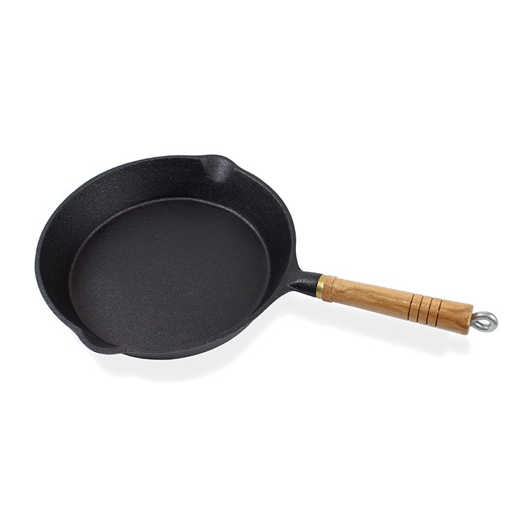 Pre-seasoned Single fry pan 3pcs set cheap custom round frying pan cast iron skillet with wooden handle