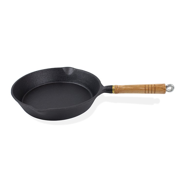 Pre-seasoned Single fry pan 3pcs set cheap custom round frying pan cast iron skillet with wooden handle