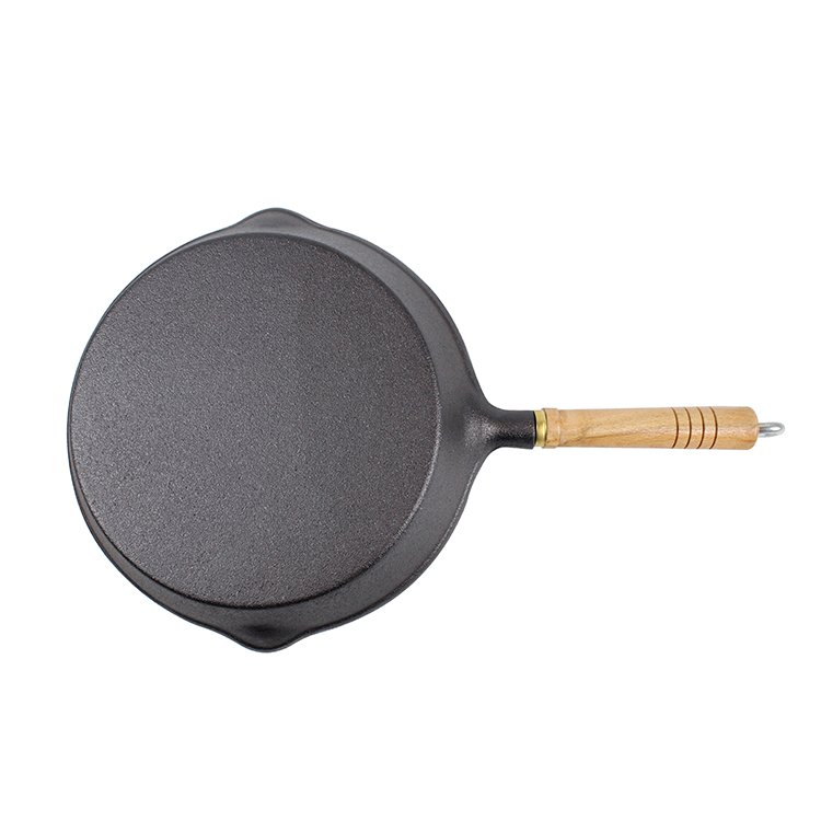Pre-seasoned Single fry pan 3pcs set cheap custom round frying pan cast iron skillet with wooden handle