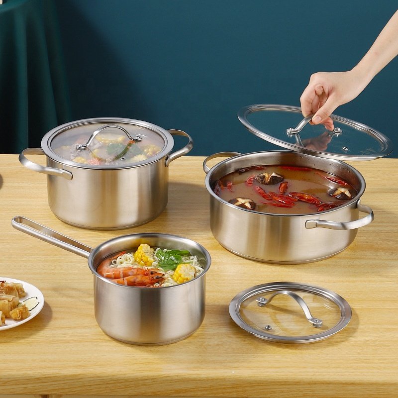 Sell well 304 stainless steel pot set for kitchen multifunction cooking pot sets three-piece frying pan soup pot cookware sets