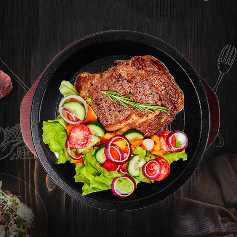 Wholesale cookware sets round sizzling plate fajita teppanyaki pan 24cm black cast iron steak plate with wooden base