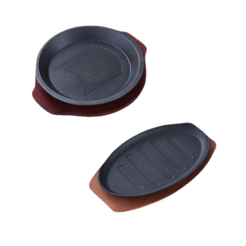 Wholesale cookware sets round sizzling plate fajita teppanyaki pan 24cm black cast iron steak plate with wooden base