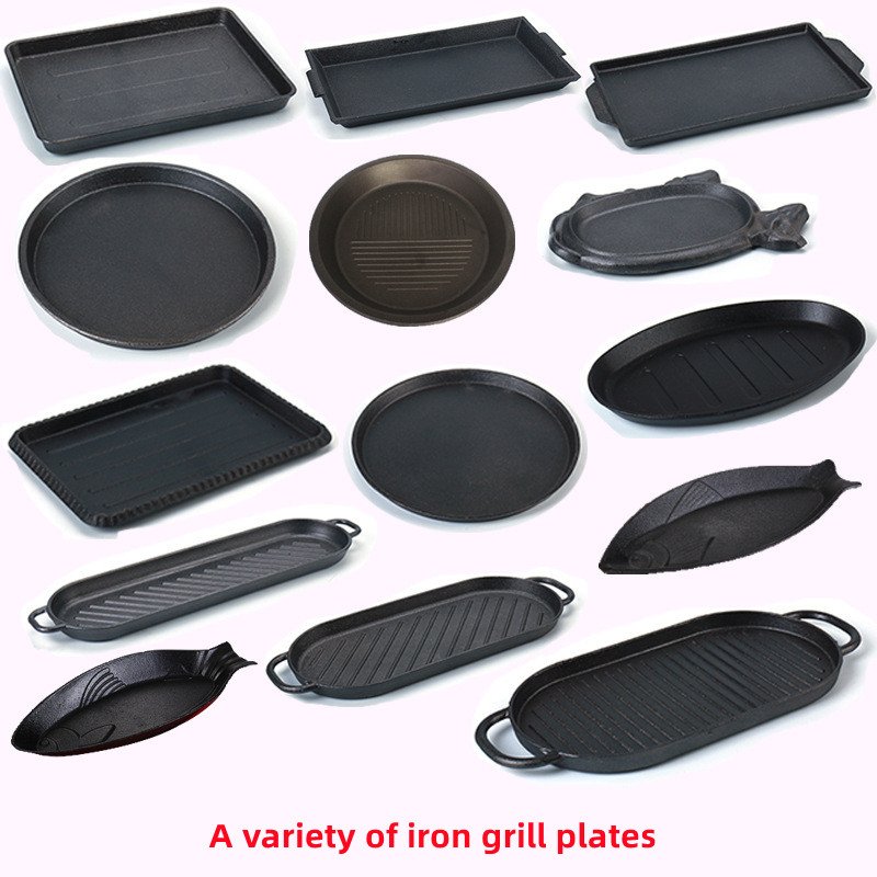 Wholesale cookware sets round sizzling plate fajita teppanyaki pan 24cm black cast iron steak plate with wooden base
