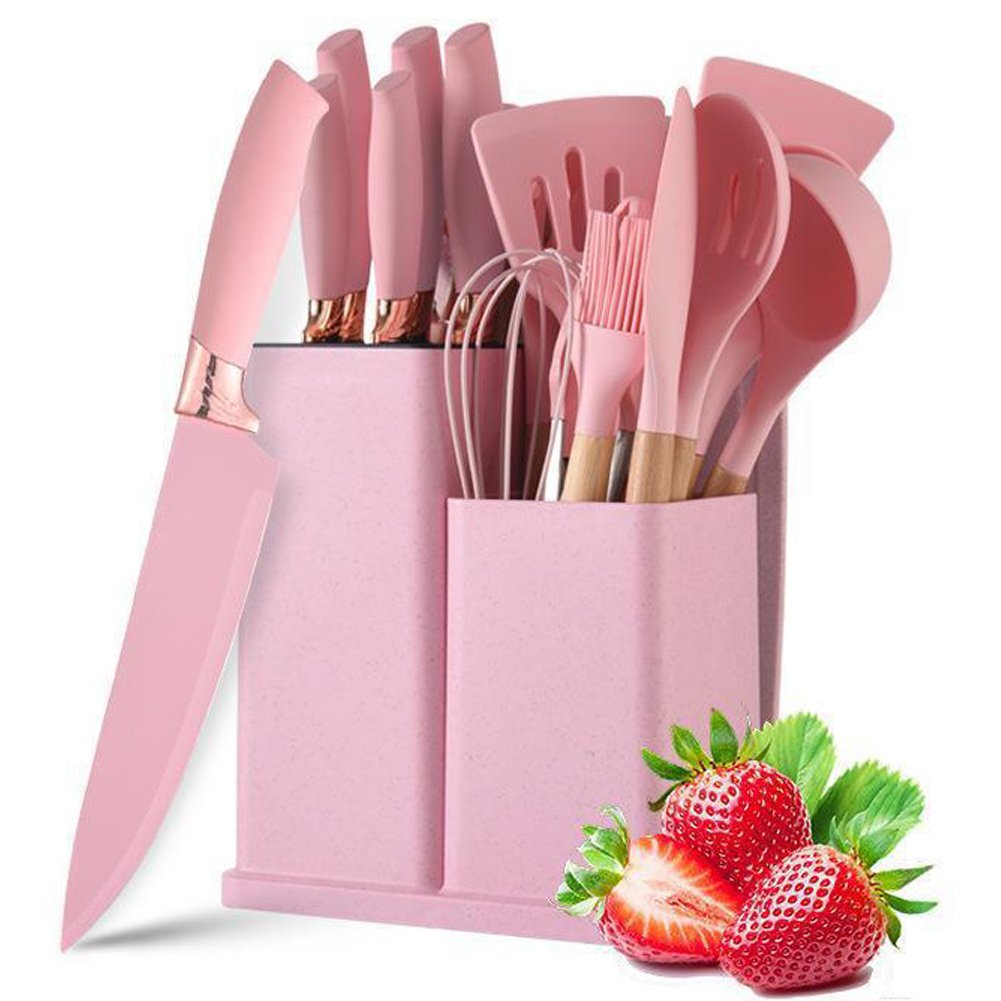 2Newest 19-piece set of silicone kitchen utensil set with wooden handle and cuttings board storage bucket gadget set