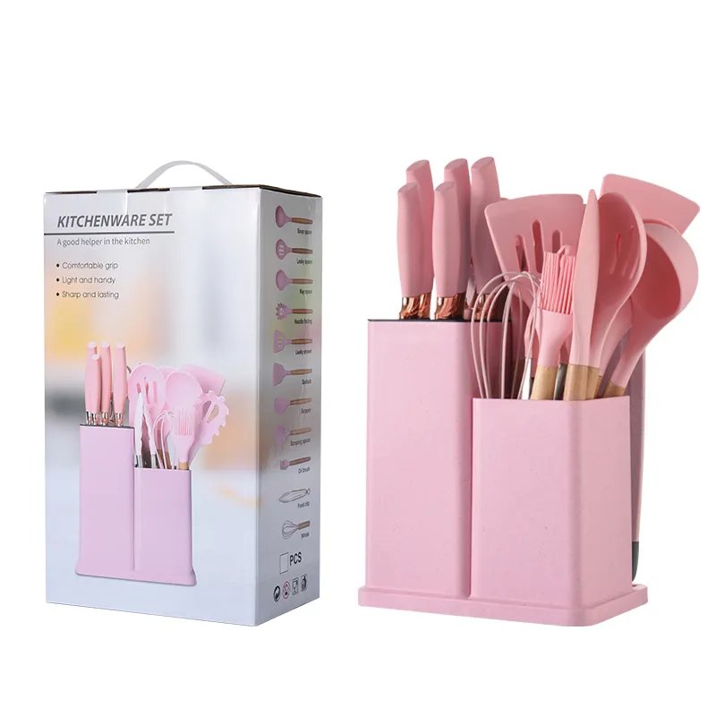 2Newest 19-piece set of silicone kitchen utensil set with wooden handle and cuttings board storage bucket gadget set