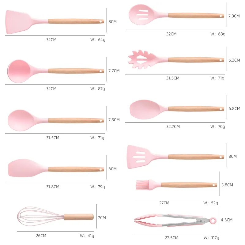 2Newest 19-piece set of silicone kitchen utensil set with wooden handle and cuttings board storage bucket gadget set