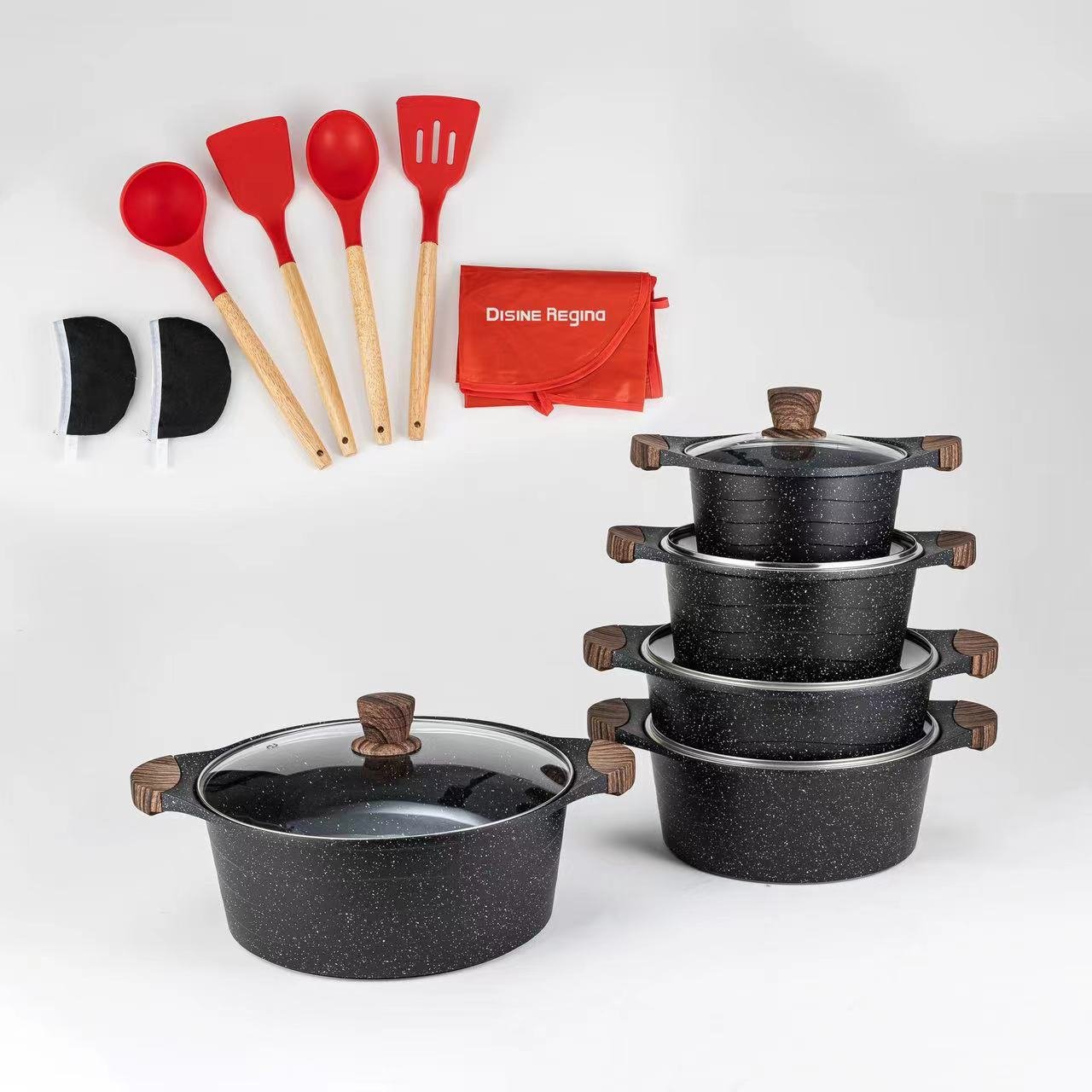 Home Party 17pcs Granite Non Stick Cookware Set Wooden Handle Luxury Painting Cooking Pot Set Non-Stick Cookware Granite