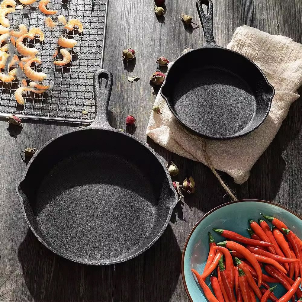 WONDERFUL Factory Wholesale Custom Size Black Kitchen Round Preseasond Grill Pan Frying Pan Cast Iron Cookware Set
