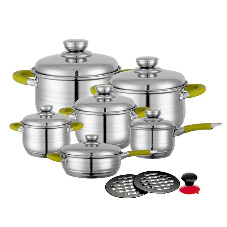 Hot selling Coloring silicone handle stainless steel cookware set cooking utensils set for kitchen cookware tools