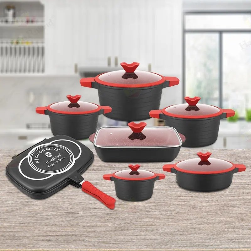 14pcs Big Casserole cookware gas bottom non stick ceramic marble nonstick coating cookware sets