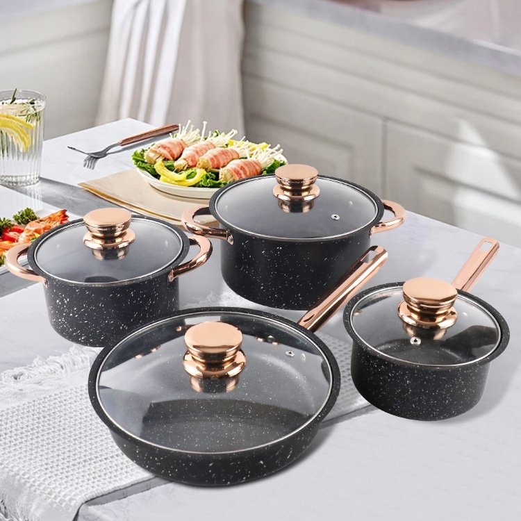 Hot Sale 8 Pieces Cast Iron Cookware Set Pot And Pan Set Medical Stone Non Stick Cooking Pot Set With Glass Lid