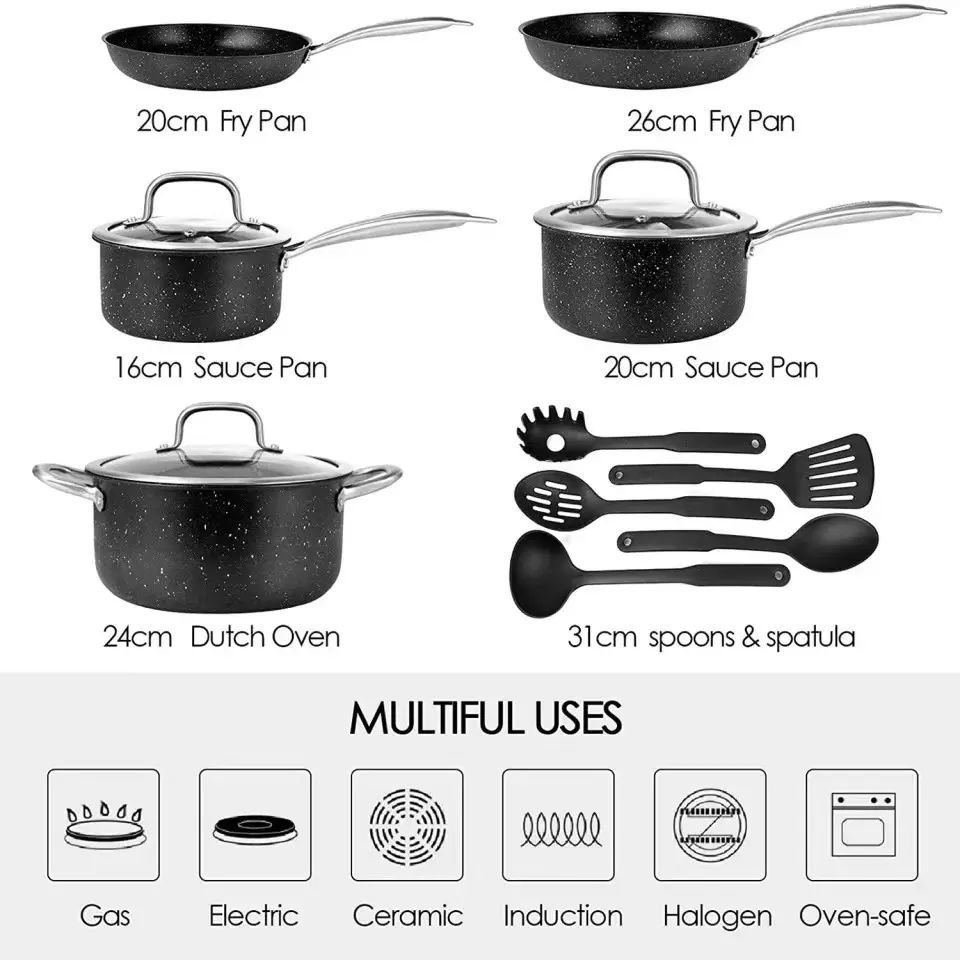 Must Have 13 Piece Non Stick Cookware Set Black Cast Iron Pots and Pans for Perfect Cooking