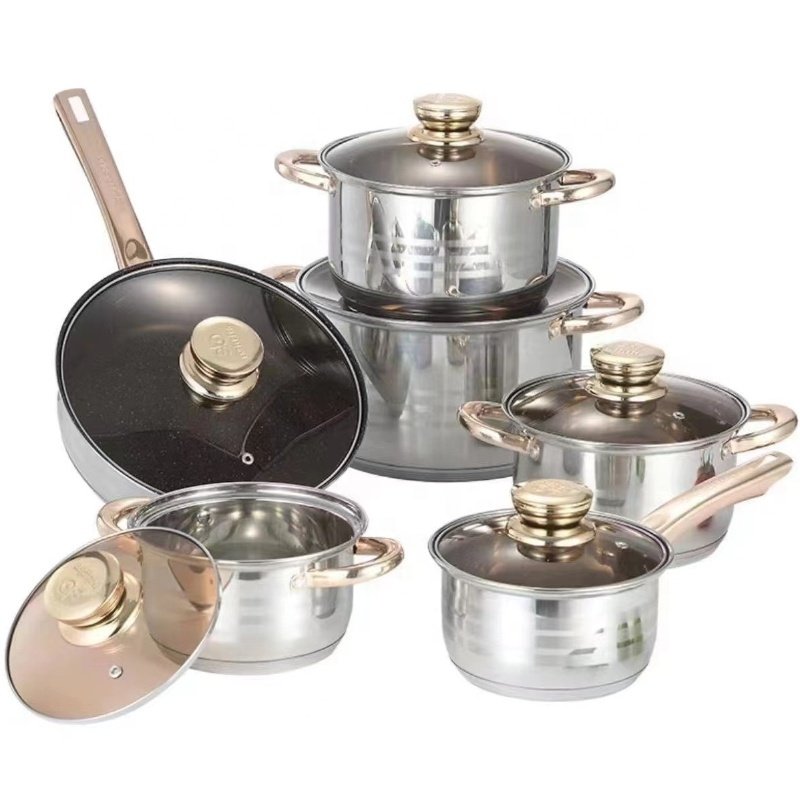 customizable selling cookware set 12Pcs stainless steel kitchen stockpot Cooking pot glass lid bakelite handle cookware set with