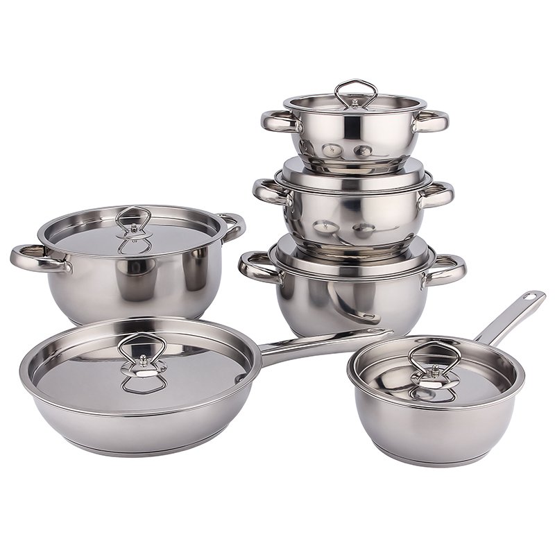 High quality cooking utensils 12 sets of stainless steel frying pan & soup pot set with cover