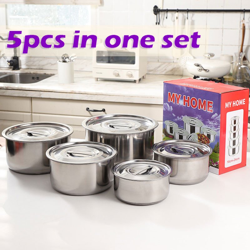 5pcs Stainless Steel Kitchen Utensilscheap Pots Cooking Cookware Food Container Soup Pot With Steel Lid