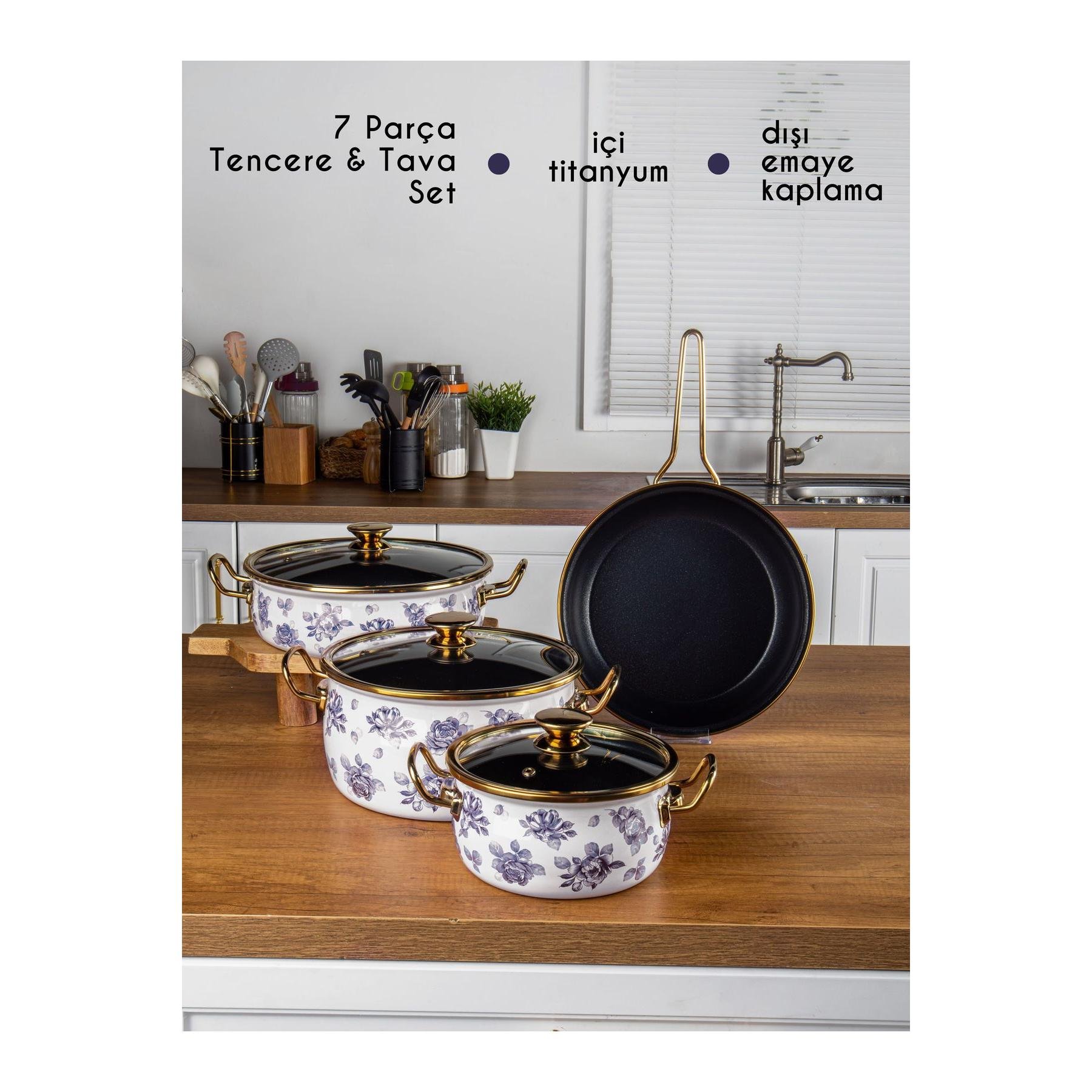 Enamel with Titanium Coated Belly shape Lilium 7pcs Cookware Set Pots Shallow Pot and Frypan with Rose patterned blue decor