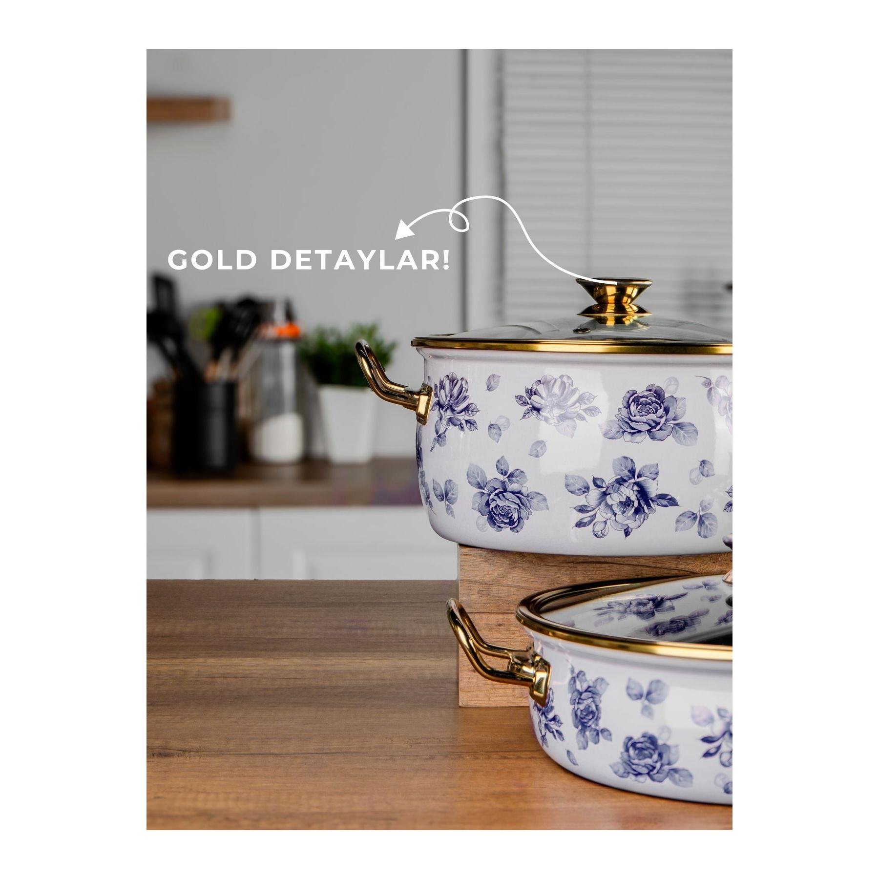 Enamel with Titanium Coated Belly shape Lilium 7pcs Cookware Set Pots Shallow Pot and Frypan with Rose patterned blue decor