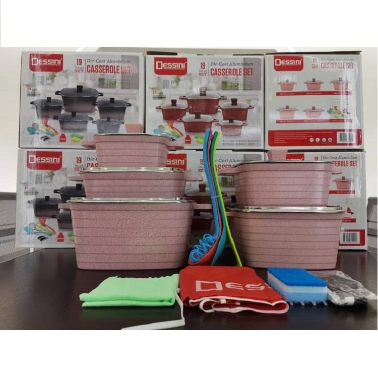 Hot Sale Non Stick Cooking Pot 19PCS Ceramic Coated Granite Cookware Die Cast Aluminum Casserole and Kitchen Utensils Set