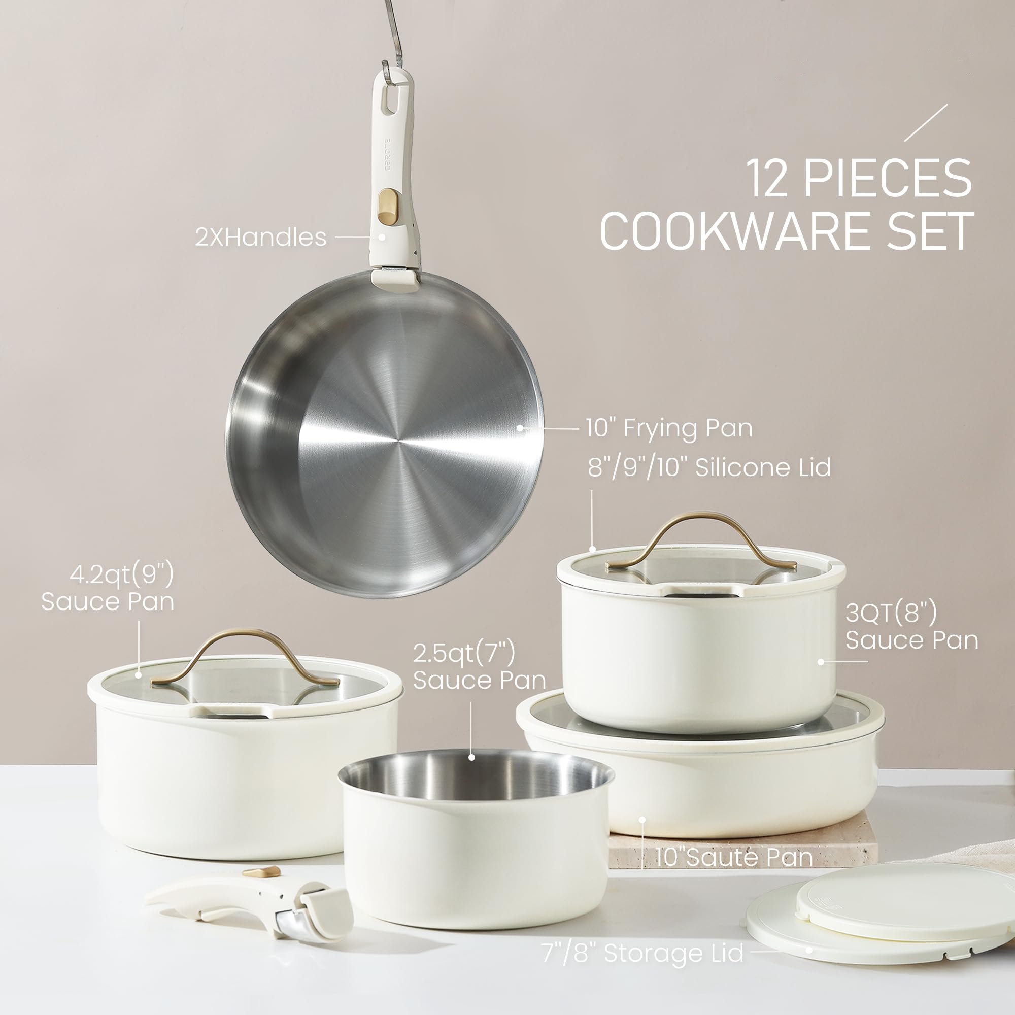 12pcs Pots and Pans Set Stainless Steel Cookware Set Detachable Handle Induction Kitchen Cookware Sets with Removable Handle