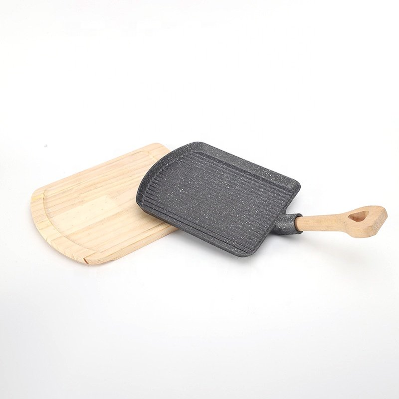 Thickened non-stick small Sizzling Plate wooden handle spade barbecue plate Kitchen Cookware Cast Iron Steak Frying pan