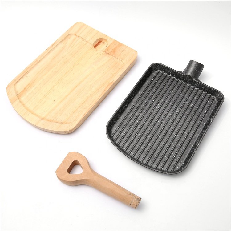 Thickened non-stick small Sizzling Plate wooden handle spade barbecue plate Kitchen Cookware Cast Iron Steak Frying pan