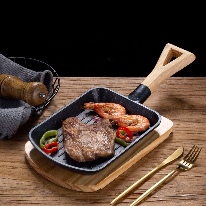 Thickened non-stick small Sizzling Plate wooden handle spade barbecue plate Kitchen Cookware Cast Iron Steak Frying pan