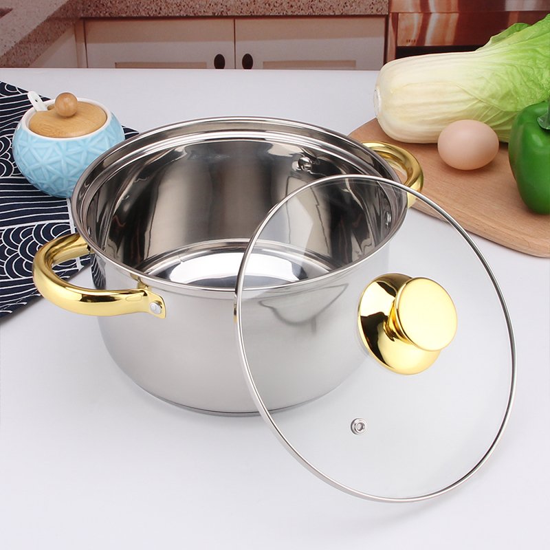 12 Pcs ollas de cocina NonStick Cookware Set Cooking Pots Golden Handle Capsuled Bottom Stainless Steel Cookware Set Frying Pans