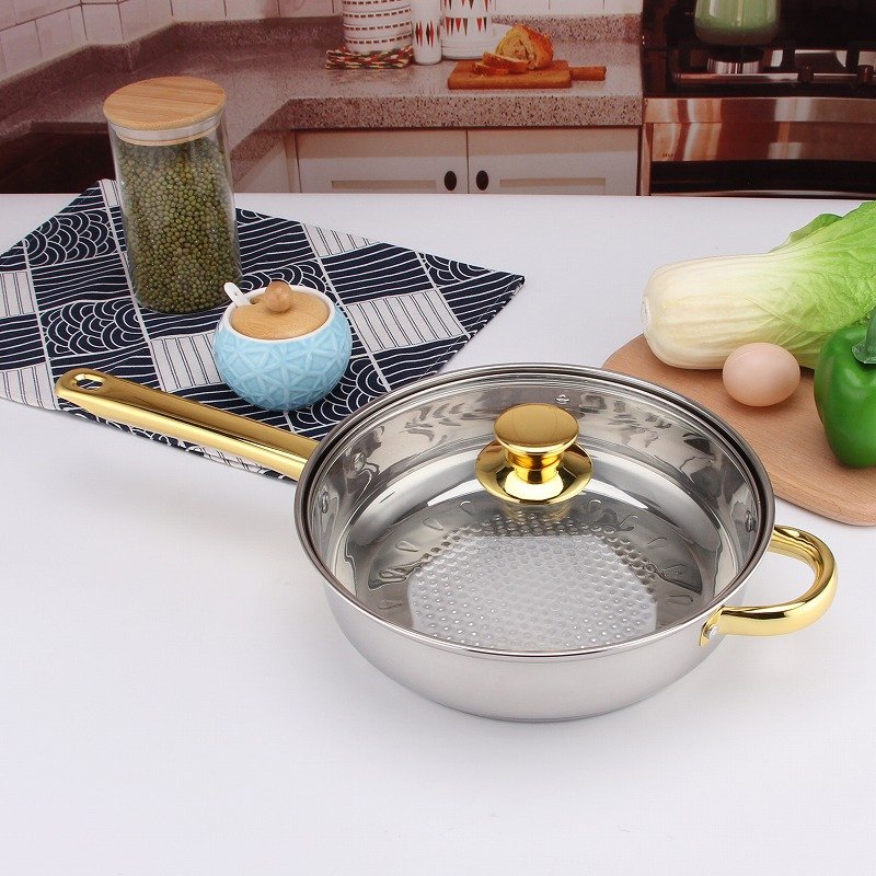 12 Pcs ollas de cocina NonStick Cookware Set Cooking Pots Golden Handle Capsuled Bottom Stainless Steel Cookware Set Frying Pans