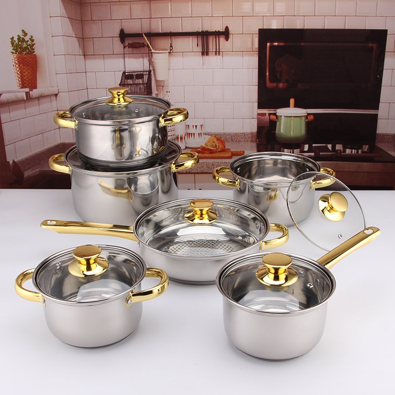 12 Pcs ollas de cocina NonStick Cookware Set Cooking Pots Golden Handle Capsuled Bottom Stainless Steel Cookware Set Frying Pans