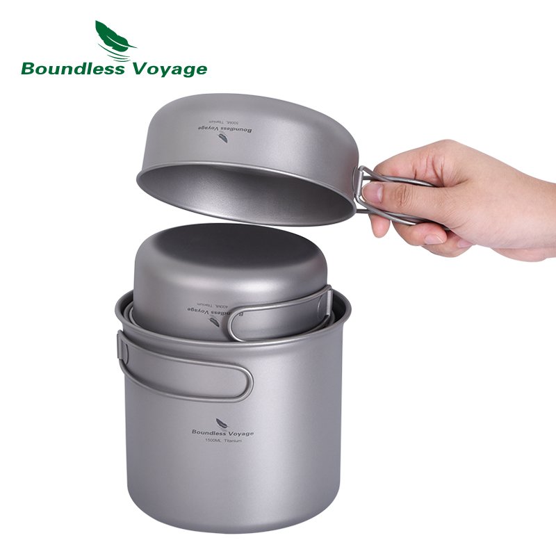 Boundless Voyage Ultralight 4pcs Lightweight Titanium pan and pot set Titanium Cook Pot and Dish Pure Titanium Cookware Sets