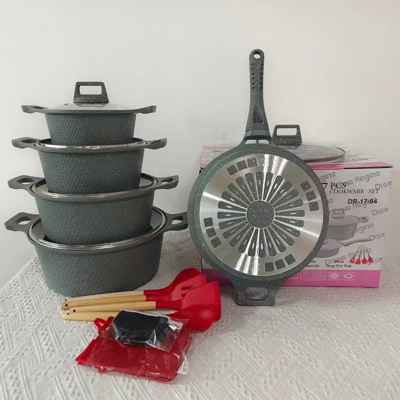Non-Stick Inner Coating 17 piecesSoup Milk Cooking Pot Set New Arrival Home Use Aluminium Alloy Detachable Handle Cookware Set
