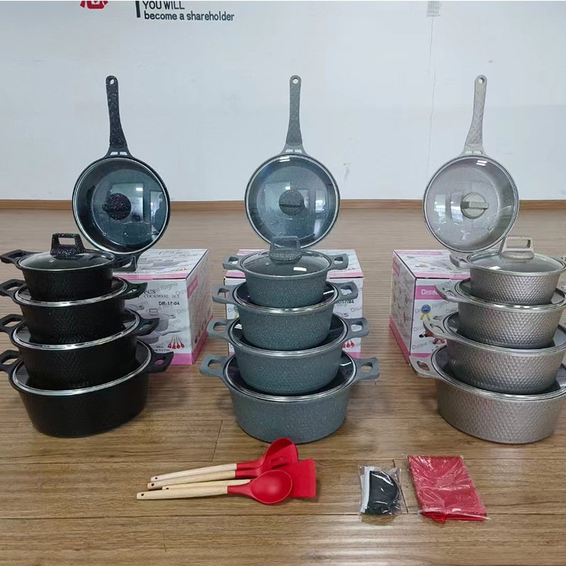 Non-Stick Inner Coating 17 piecesSoup Milk Cooking Pot Set New Arrival Home Use Aluminium Alloy Detachable Handle Cookware Set