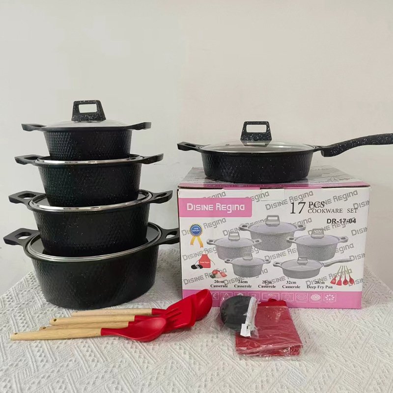 Non-Stick Inner Coating 17 piecesSoup Milk Cooking Pot Set New Arrival Home Use Aluminium Alloy Detachable Handle Cookware Set