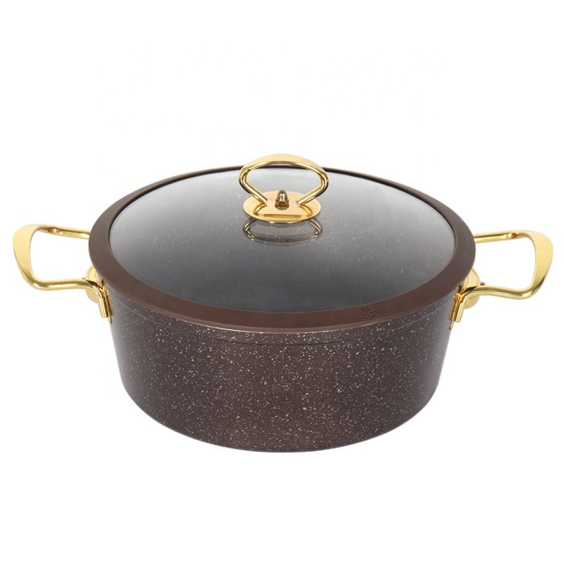 high quality custom cooking pans and pots non stick marble stone cookware sets golden painting ss handle