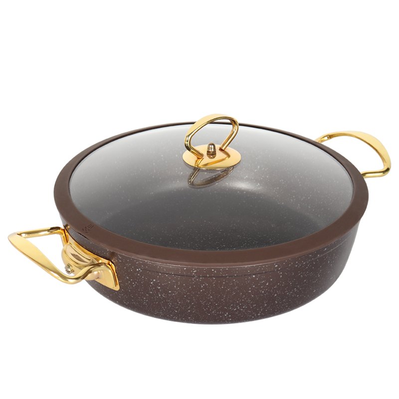 high quality custom cooking pans and pots non stick marble stone cookware sets golden painting ss handle