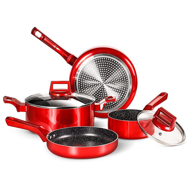 YongKang factory OEM Aluminum nonstick coating Shiny metallic cookware pots and pans sets with soft touch handle