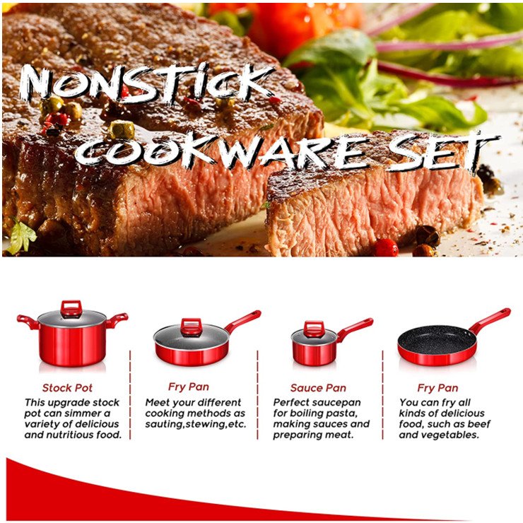 YongKang factory OEM Aluminum nonstick coating Shiny metallic cookware pots and pans sets with soft touch handle
