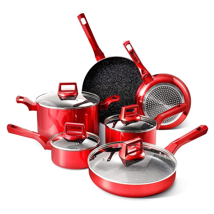 YongKang factory OEM Aluminum nonstick coating Shiny metallic cookware pots and pans sets with soft touch handle