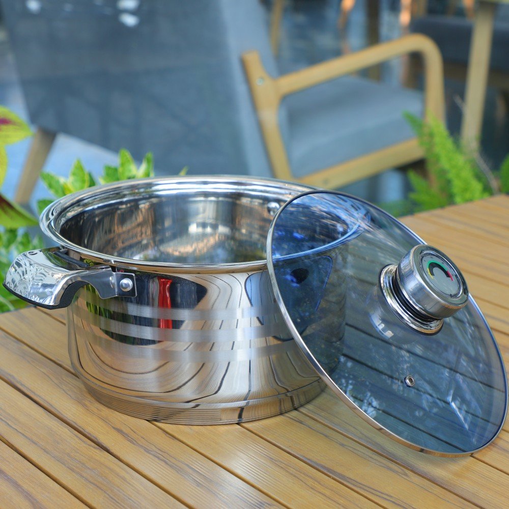 Modern Stainless Steel Kitchen Cookware Set with Induction Bottom Eco-Friendly Cooking Pans and Glass for Home or Camping Use
