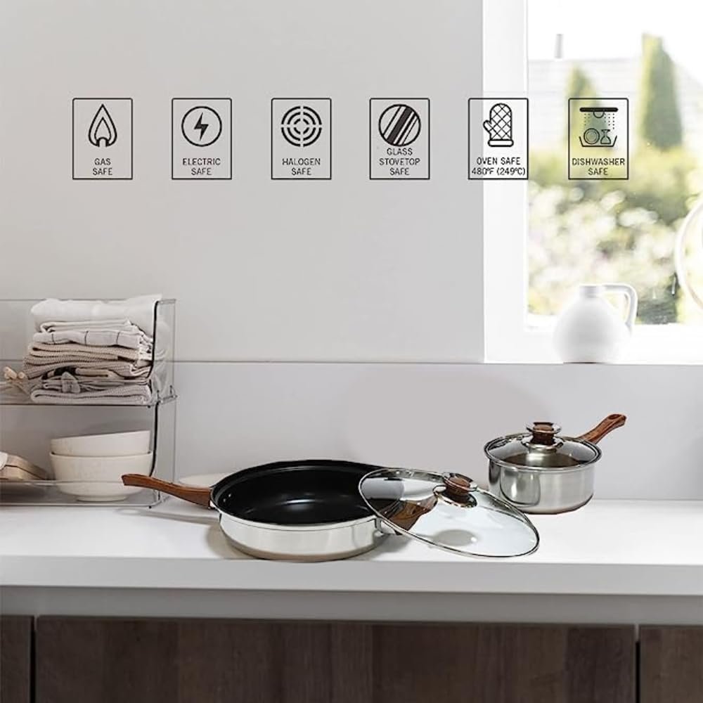 6 Pcs Pots and Pans Set Dishwasher Safe Stainless Steel Kitchen Cookware Set Milk Pot Saucepan Stockpot Frying Pan Kettle